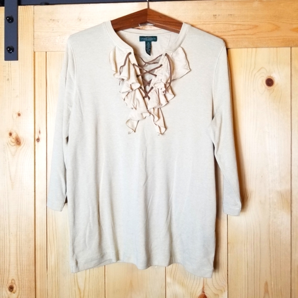 Lauren Ralph Lauren Ruffle Lace-Up Front Cotton Blend Shirt
